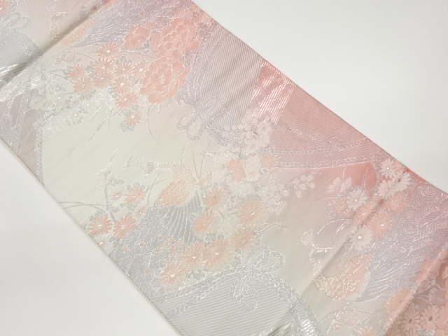 孔雀に花々模様織出し袋帯